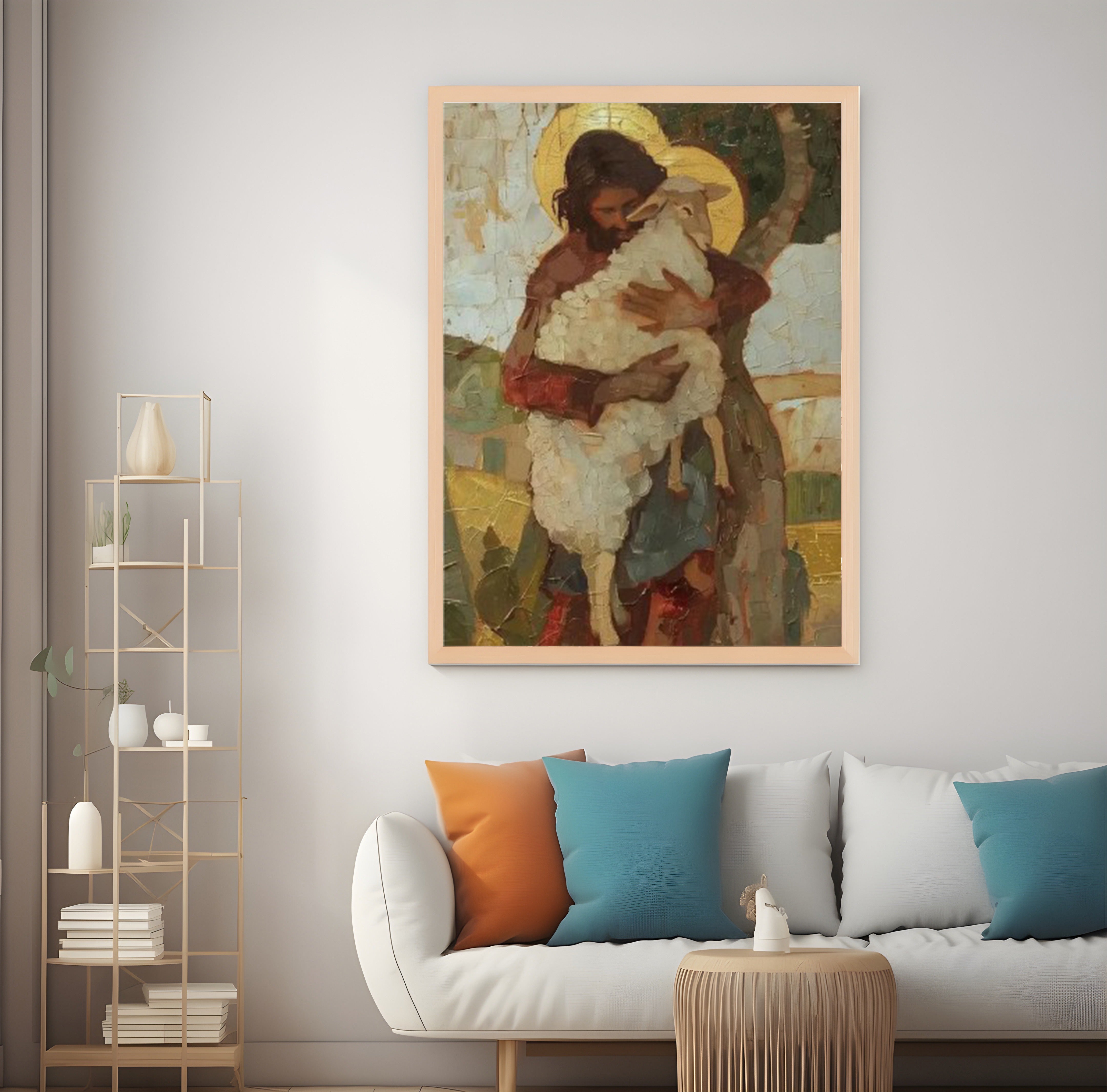 Jesus Holding Lost Sheep Poster, Christian Wall Art, The Good Shepherd Print, Biblical Painting, Religious Home Decor, Light and Faith Art